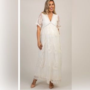 PinkBlush Cream Lace Mesh Overlay Maternity Maxi Dress